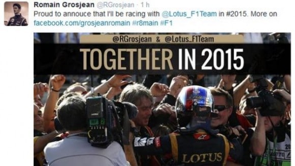 Romain confirme via un tweet, publié suite à une erreur de manipulation, qu'il reste chez Lotus en 2015 !